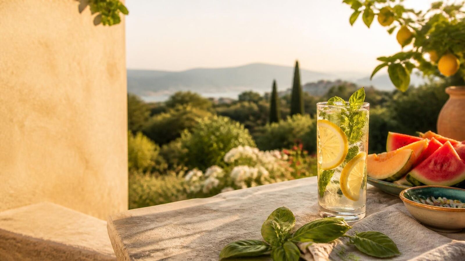 Sonniger Terrassentisch mit Zitronenwasser, Melone und frischen Kräutern