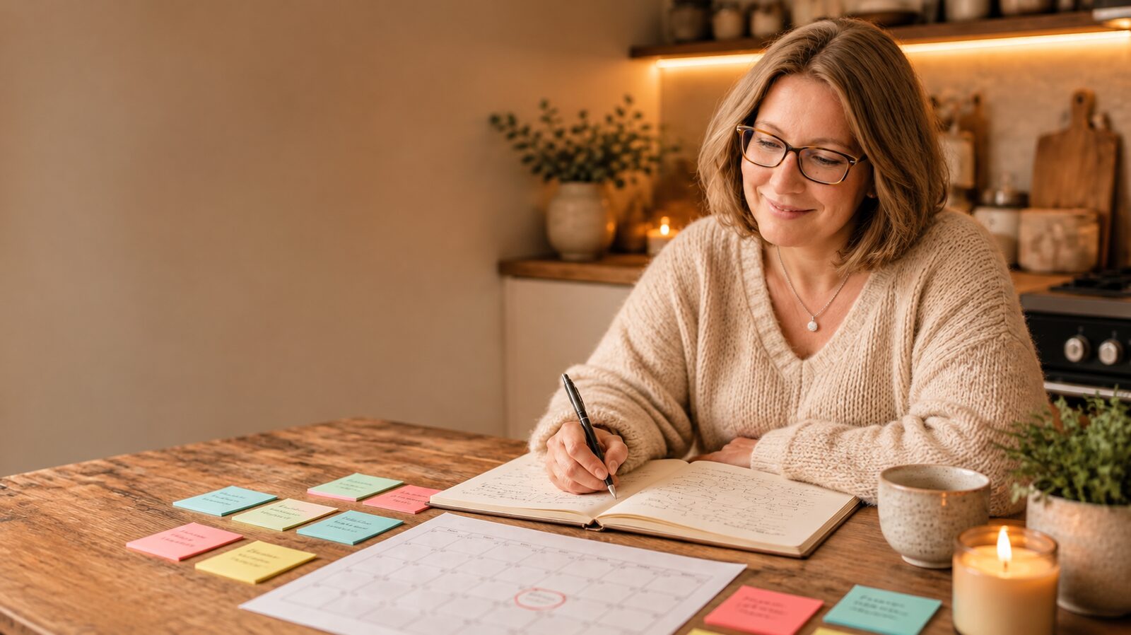 Frau in der Lebensmitte mit Brille plant lächelnd bei Kerzenschein am Küchentisch, vor ihr Notizbuch, Monatsplaner und bunte Haftnotizen